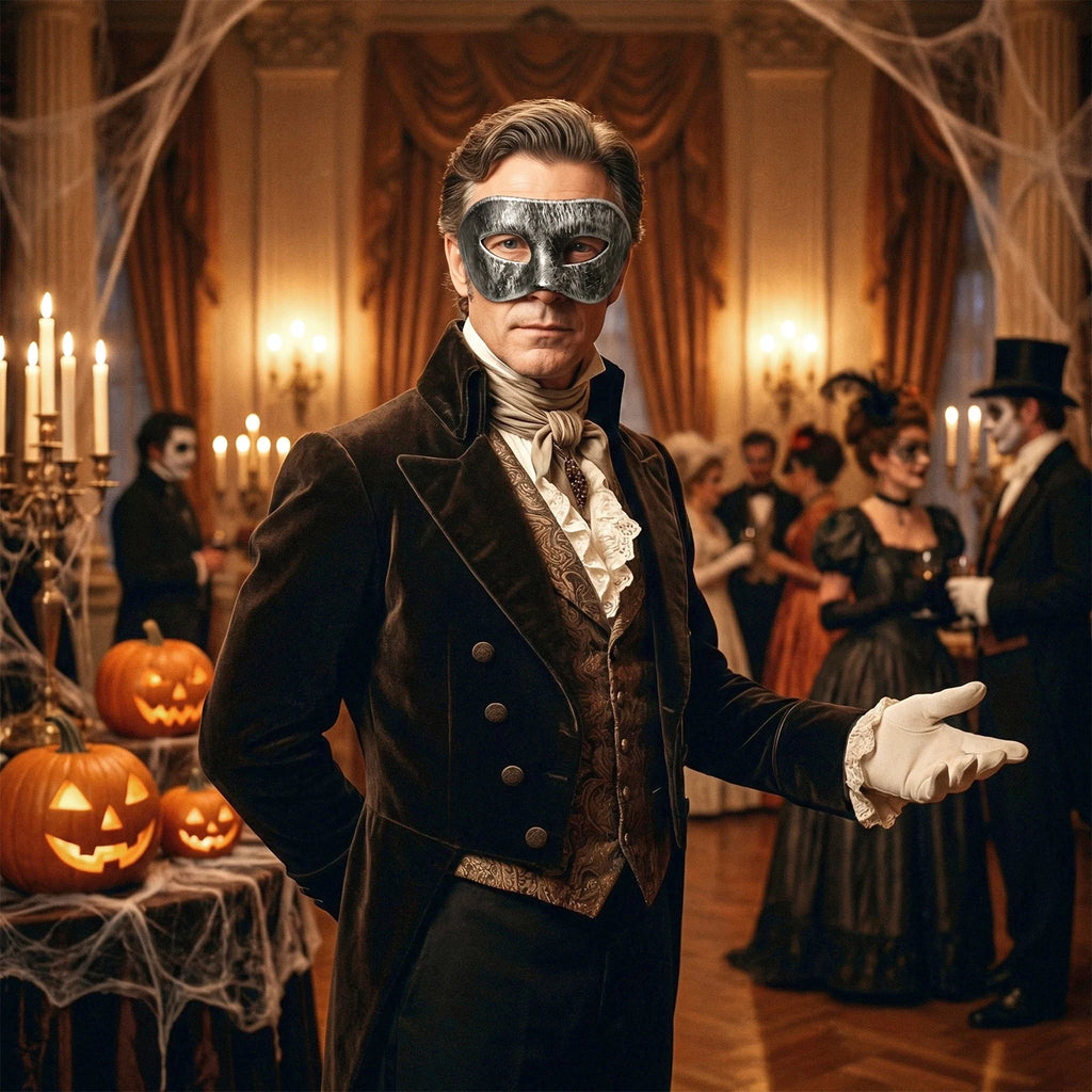 A themed setting presents vintage masquerade eye mask costume scene, with the sculpted eye shape and adjustable black ribbon tie clearly visible.