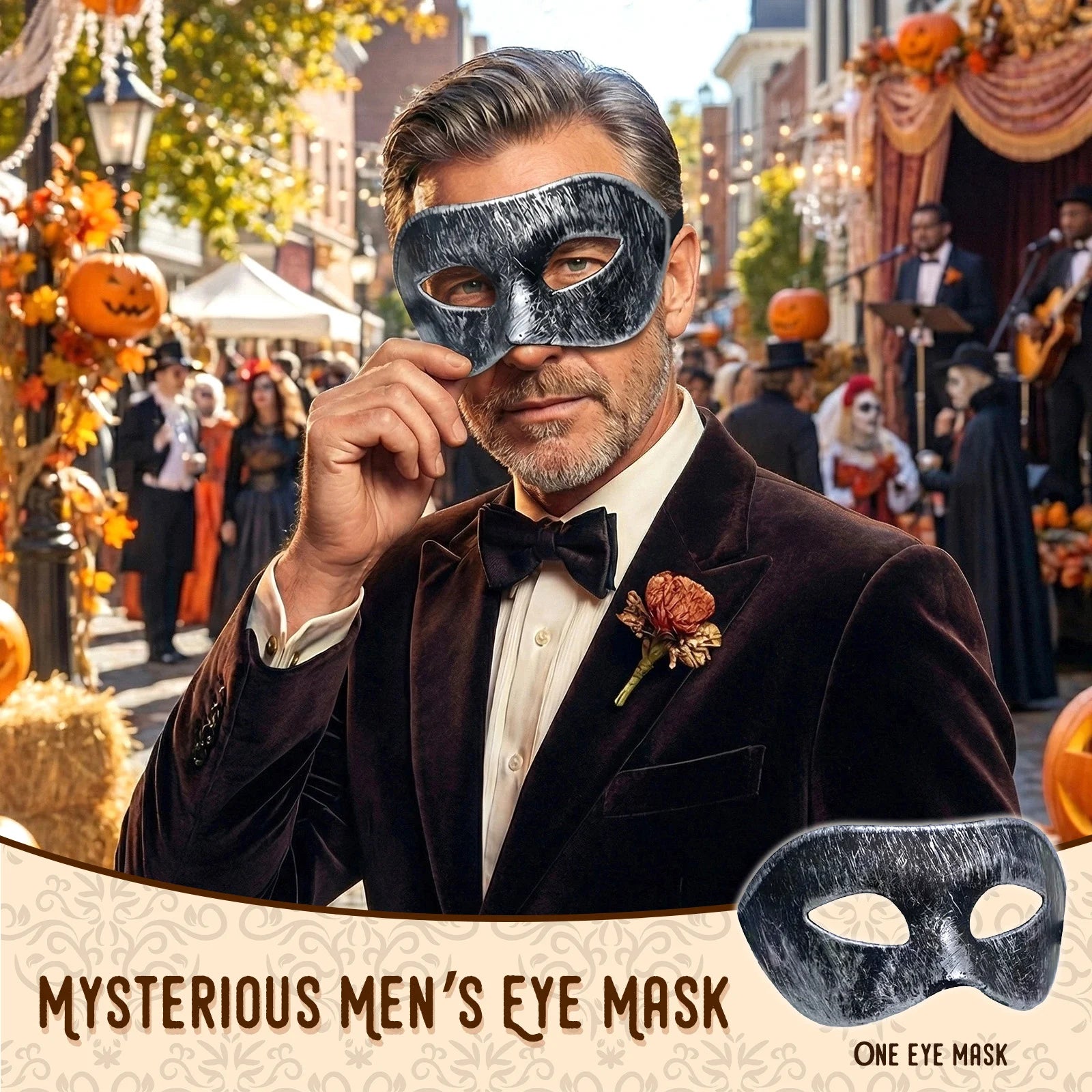A detail panel presents adjustable ribbon tie feature of masquerade mask for the black masquerade eye mask, highlighting the sculpted eye shape and adjustable black ribbon tie.