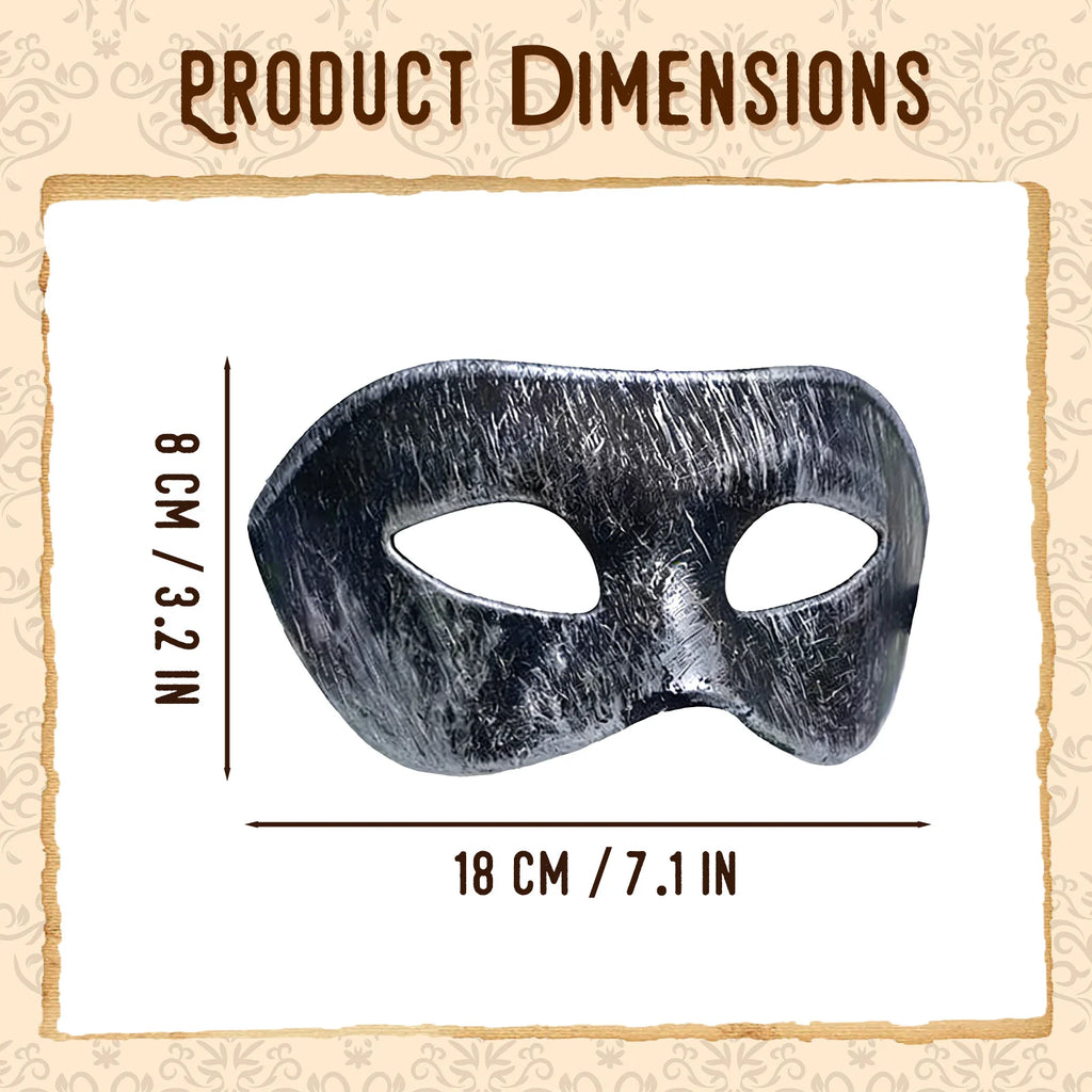 A measurement chart presents distressed black masquerade eye mask size guide, including the visible size information for the black masquerade eye mask.