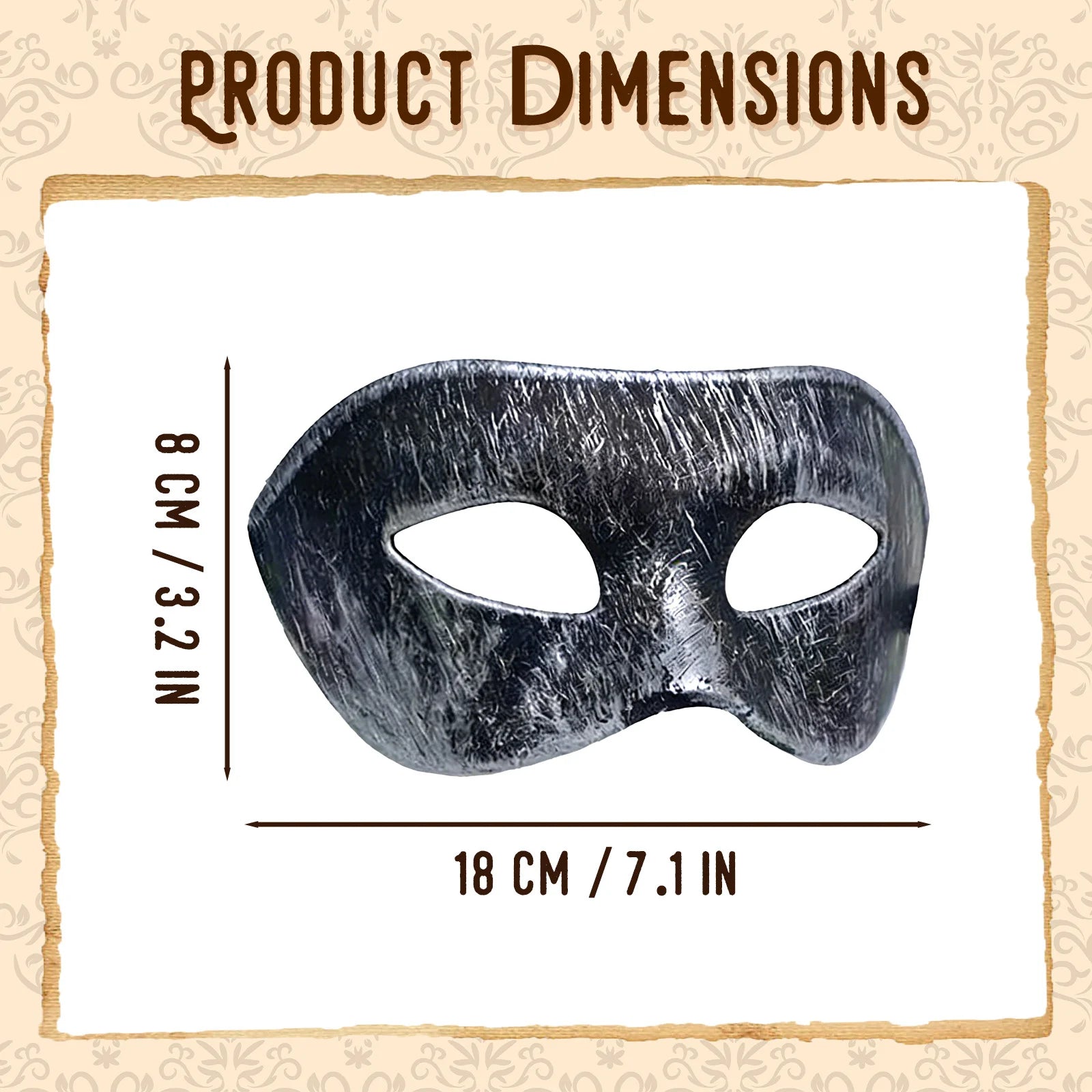 A measurement chart presents distressed black masquerade eye mask size guide, including the visible size information for the black masquerade eye mask.