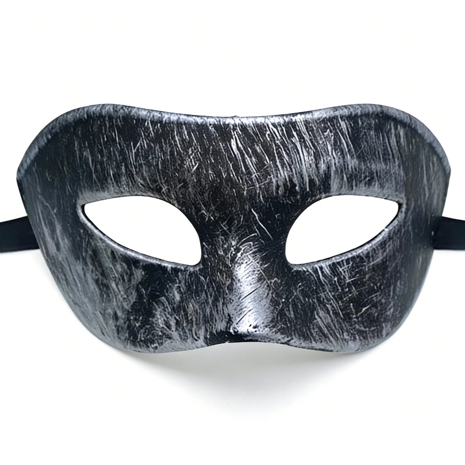 Distressed masquerade mask is shown from a three-quarter angle, highlighting the sculpted eye shape and adjustable black ribbon tie.