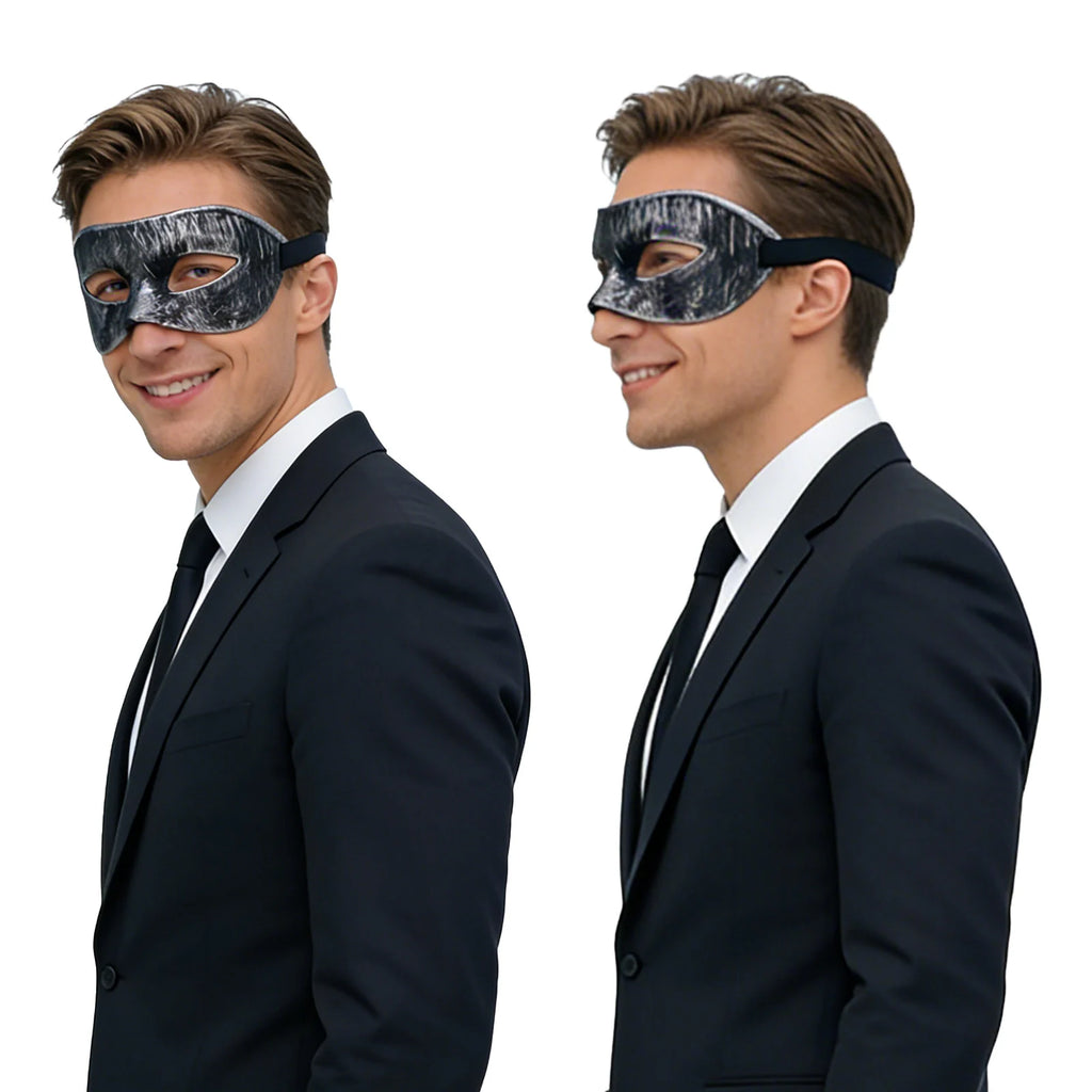 Sculpted masquerade mask is shown from a three-quarter angle, highlighting the sculpted eye shape and adjustable black ribbon tie.