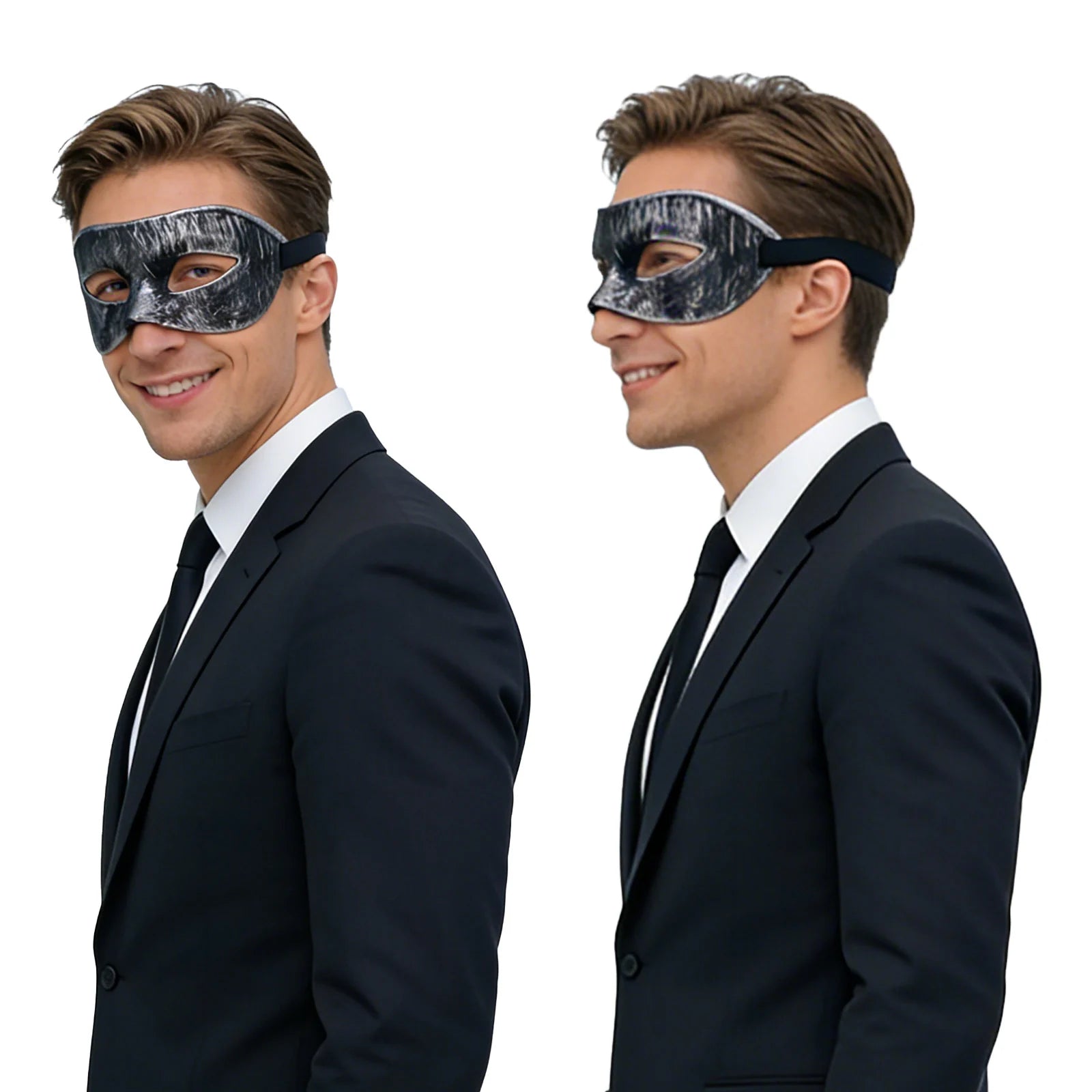 Sculpted masquerade mask is shown from a three-quarter angle, highlighting the sculpted eye shape and adjustable black ribbon tie.
