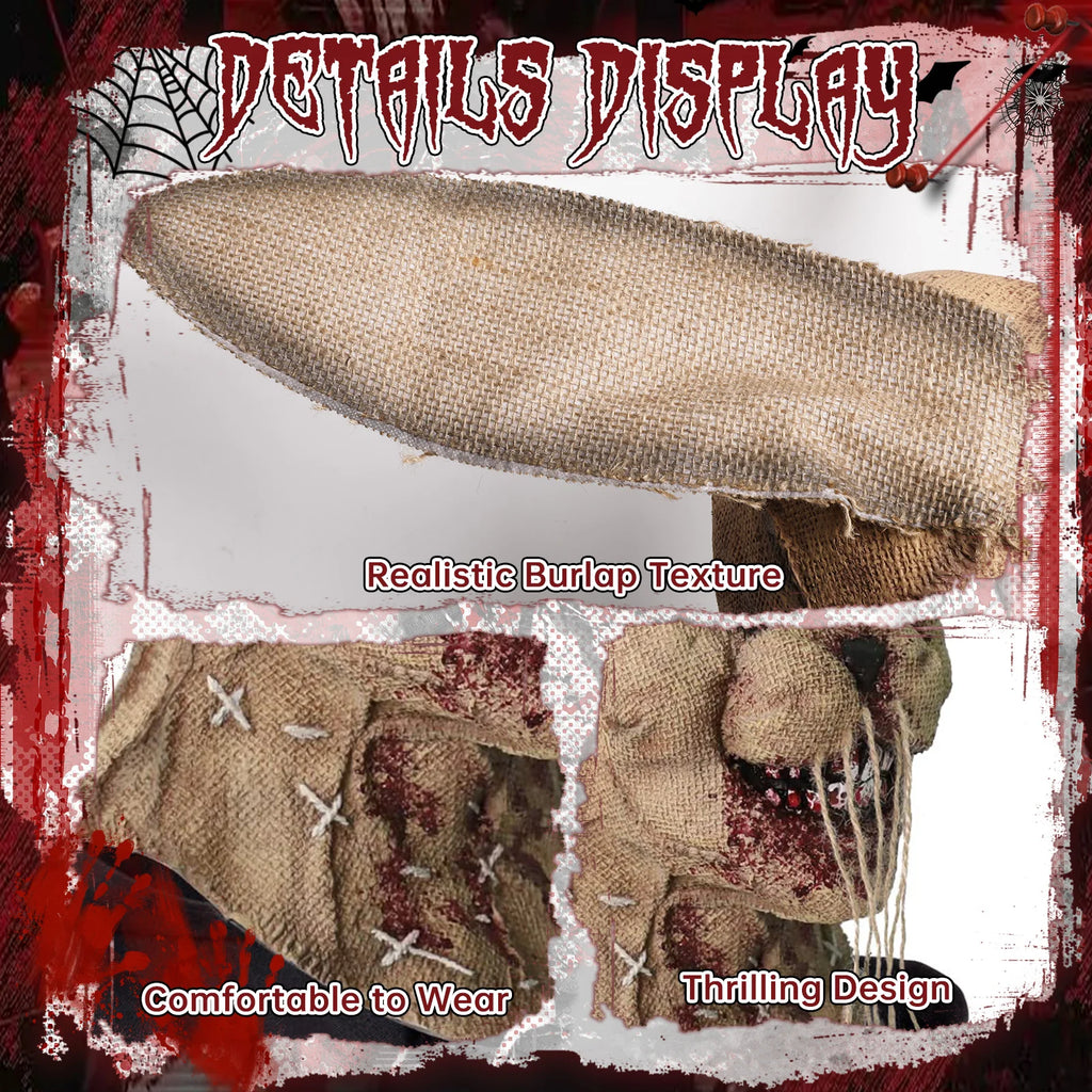 A detail panel presents distressed stitching and teeth detail on rabbit mask for the burlap horror rabbit mask, highlighting the long ears, distressed burlap, stitched face and exposed teeth.