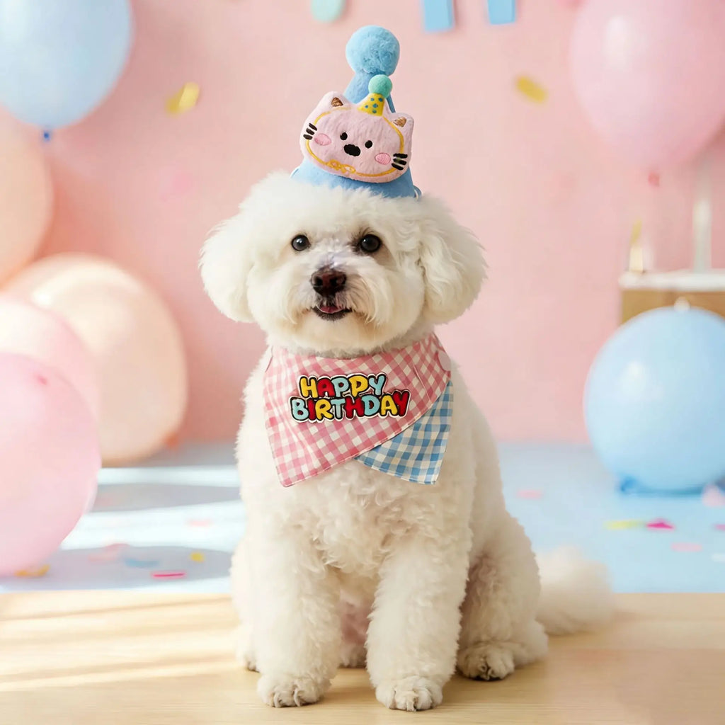 Dog wearing a happy birthday bandana and cat party hat in a pastel birthday party scene with balloons and confetti.