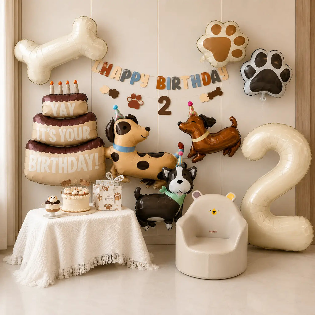 Dog birthday party scene with bone balloon, paw print balloons, dog balloons, cake balloon, happy birthday banner, and number 2 balloon.