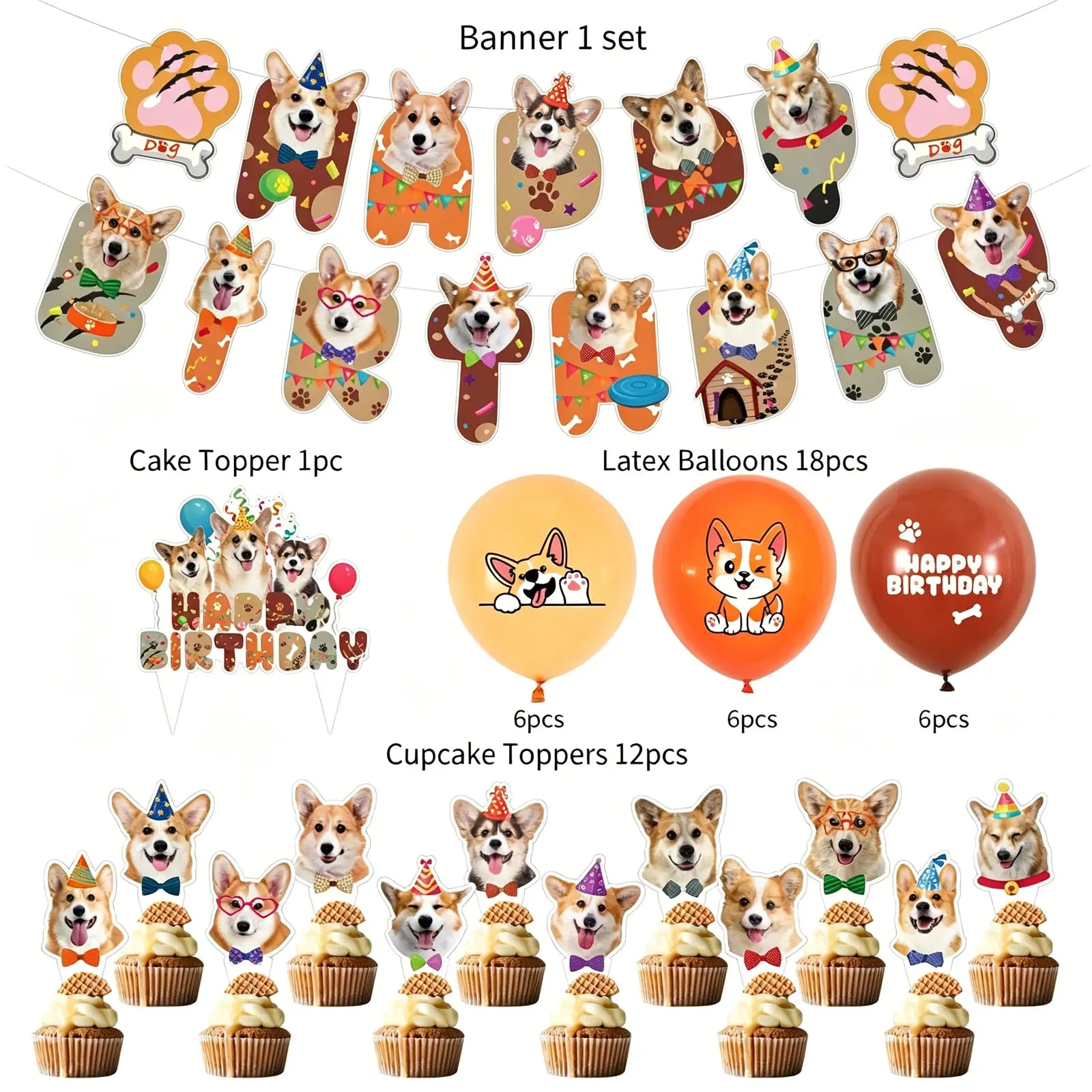 Dog birthday party decoration set with banner, cake topper, and cupcake toppers.