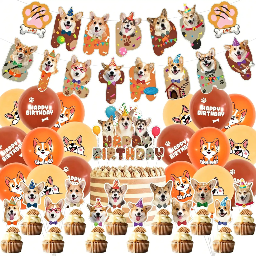 Dog birthday party supplies set with banner, balloons, toppers, and decorations.