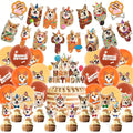 Dog birthday party supplies set with banner, balloons, toppers, and decorations.