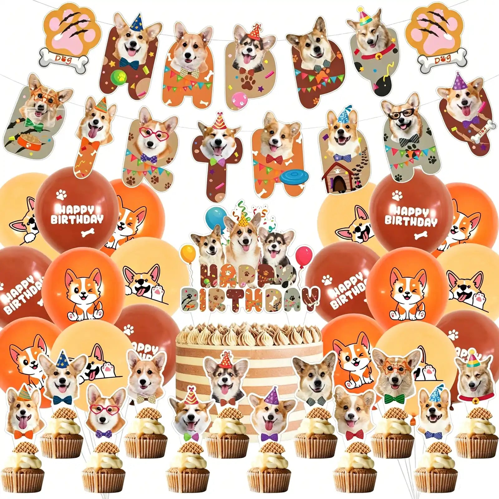 Dog birthday party supplies set with banner, balloons, toppers, and decorations.