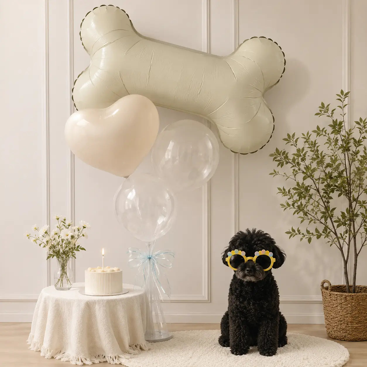 Dog bone balloon with heart balloons, clear balloons, birthday cake, and dog wearing party glasses for a pet birthday celebration.