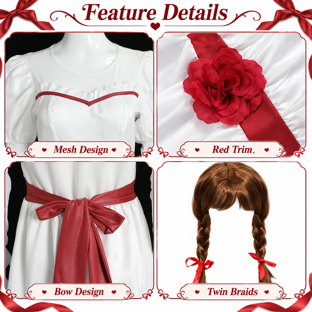 Annabelle-inspired doll costume dress details show the sheer upper panel, red waist flower, back bow and braided wig.