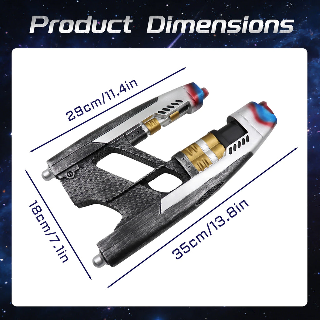 A measurement chart presents dual-barrel sci-fi blaster prop dimensions 13.8 by 7.1 inches, including the visible size information for the dual-barrel sci-fi blaster prop.