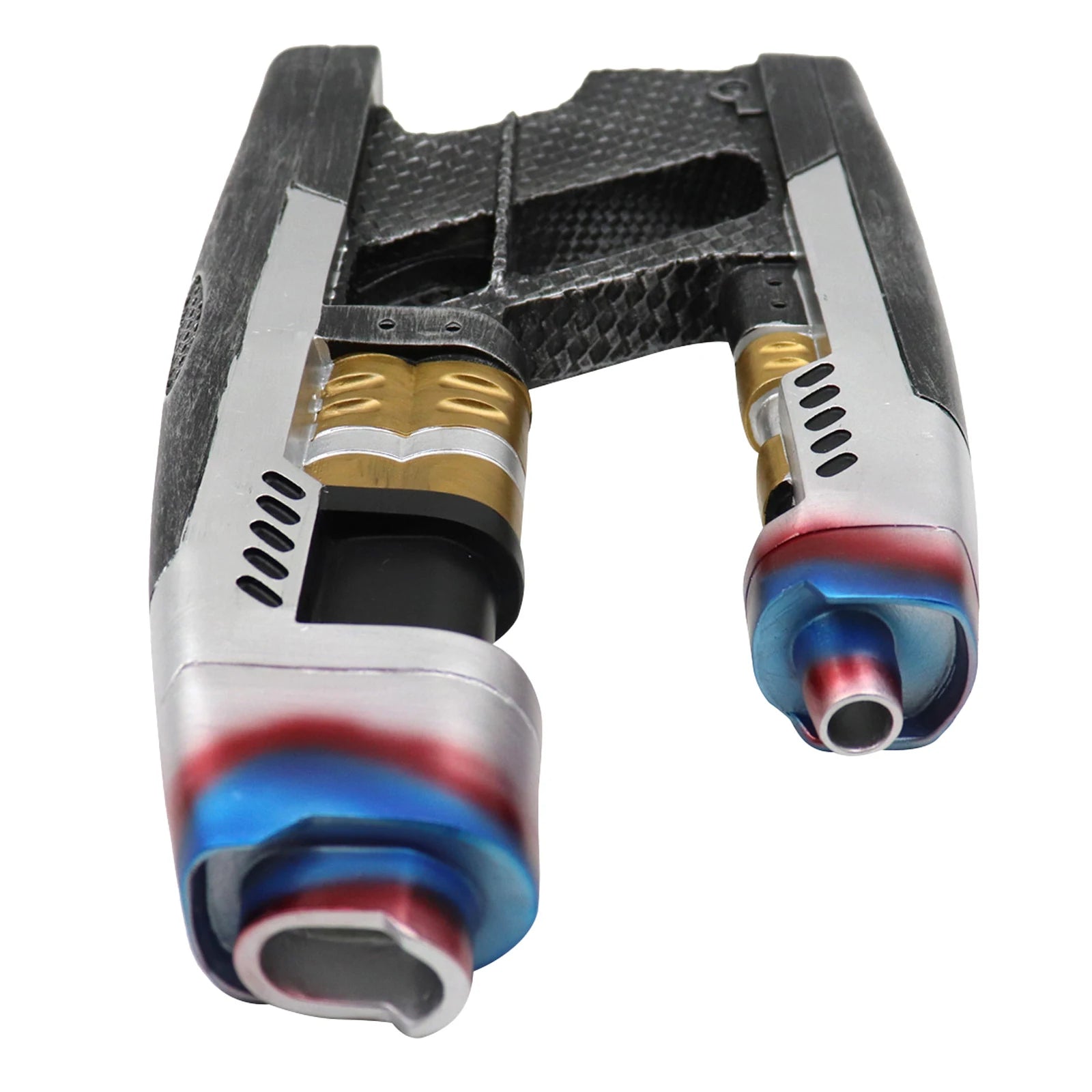 Dual-barrel space blaster prop is shown in side profile, with the twin barrels, black grip and silver and gold painted details visible.