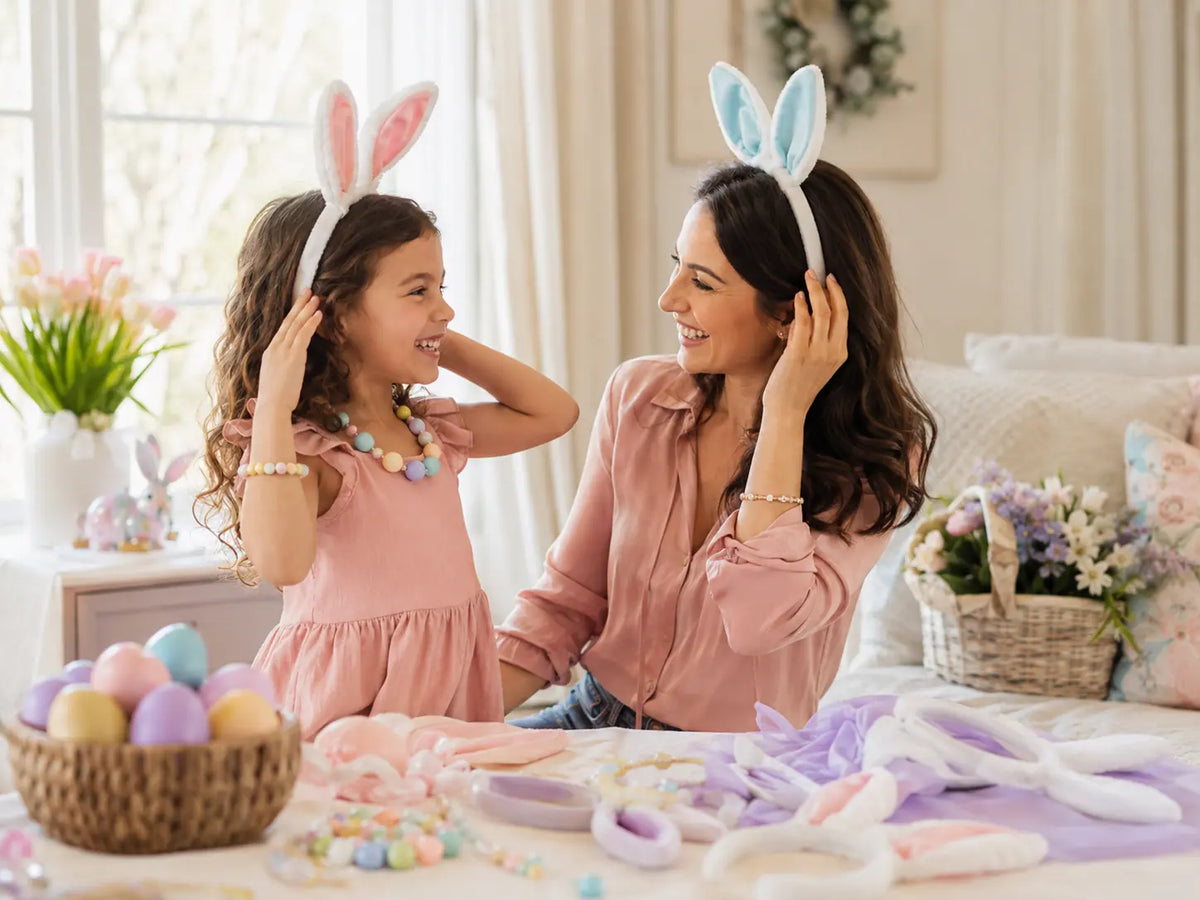 Mother and daughter wearing pastel bunny ears while preparing for an Easter celebration