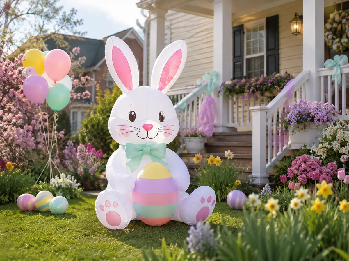 White Easter bunny inflatable displayed on a spring lawn with pastel decorations