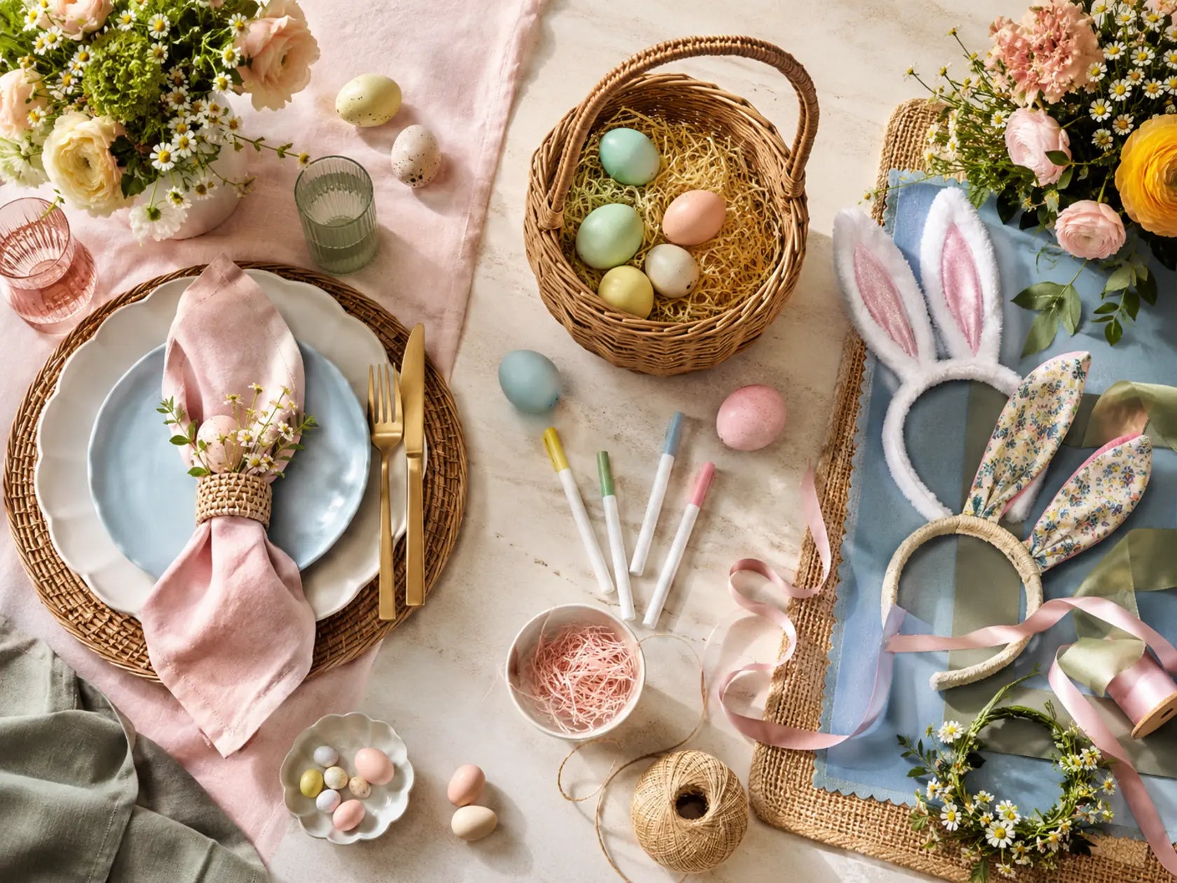 Coordinated Easter table setting, egg-hunt basket, bunny-ear accessories and spring flowers