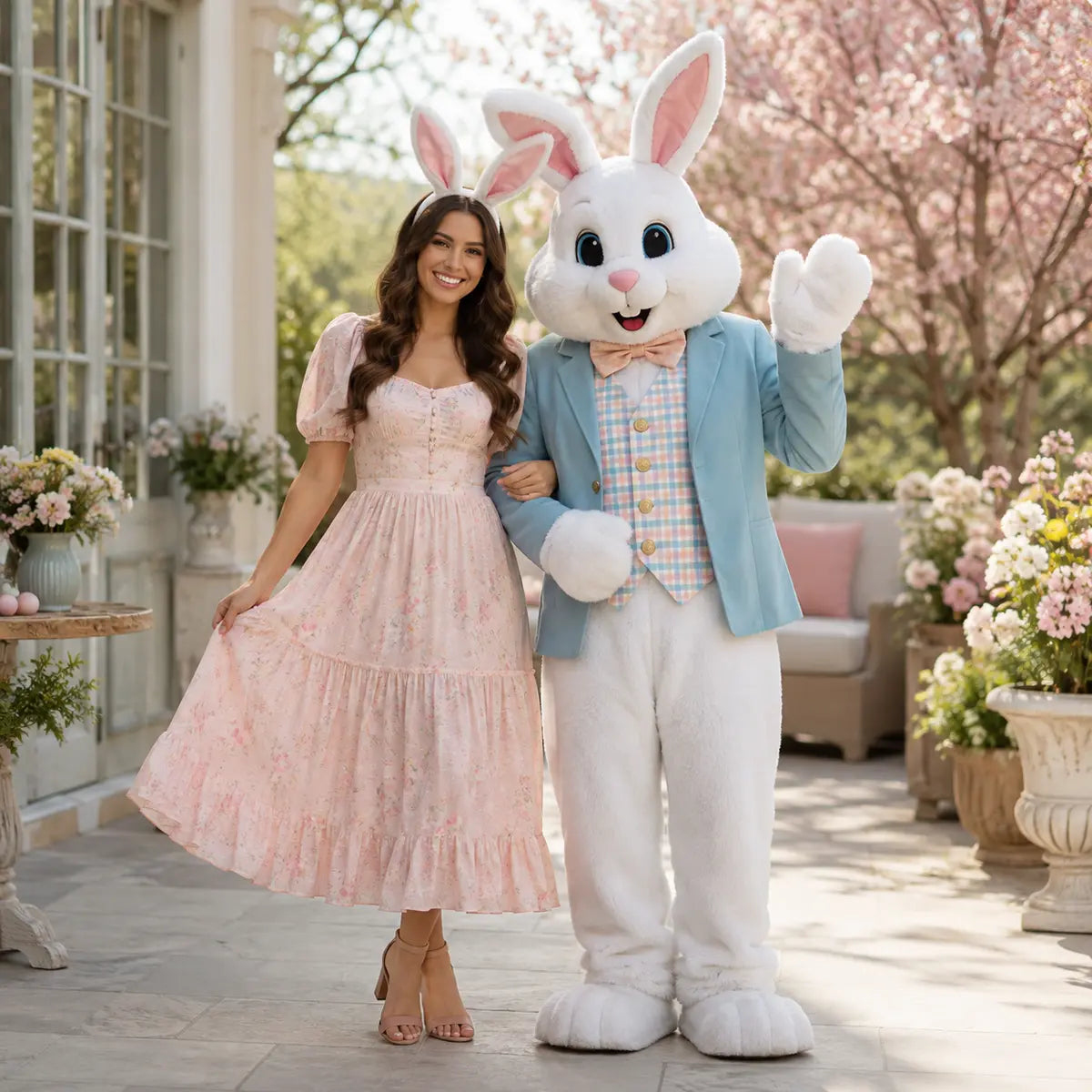 Woman wearing bunny ears beside a white Easter bunny character on a spring patio