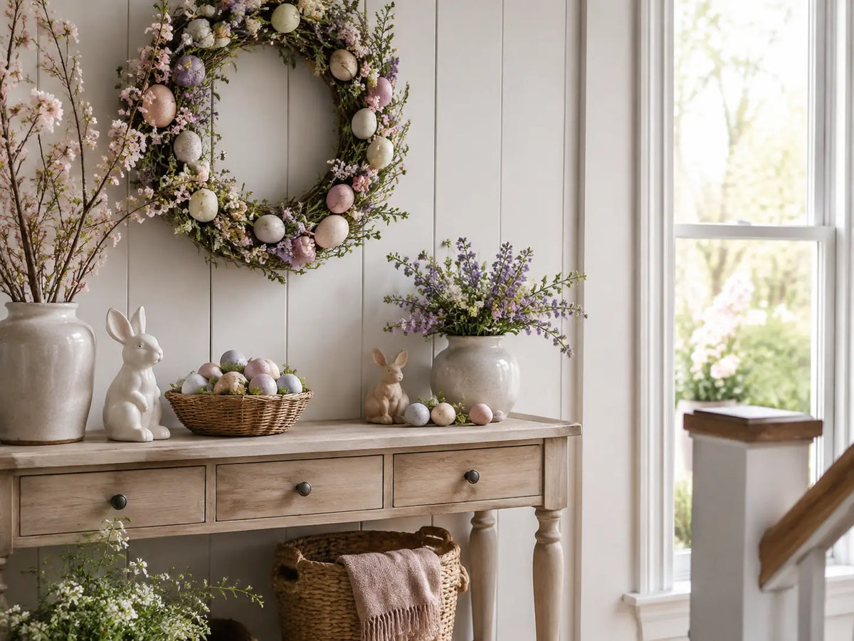 Spring entryway decorated with an Easter wreath, ceramic rabbits and decorative eggs