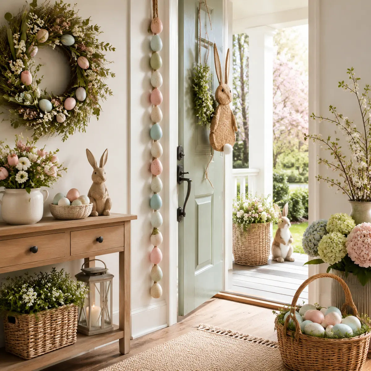 Easter entryway decorated with a spring wreath, pastel egg garland and bunny accents