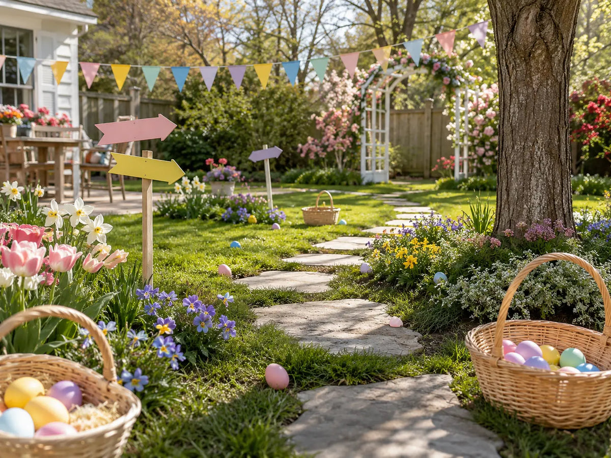 Backyard Easter egg hunt with pastel eggs, baskets, flowers and direction markers