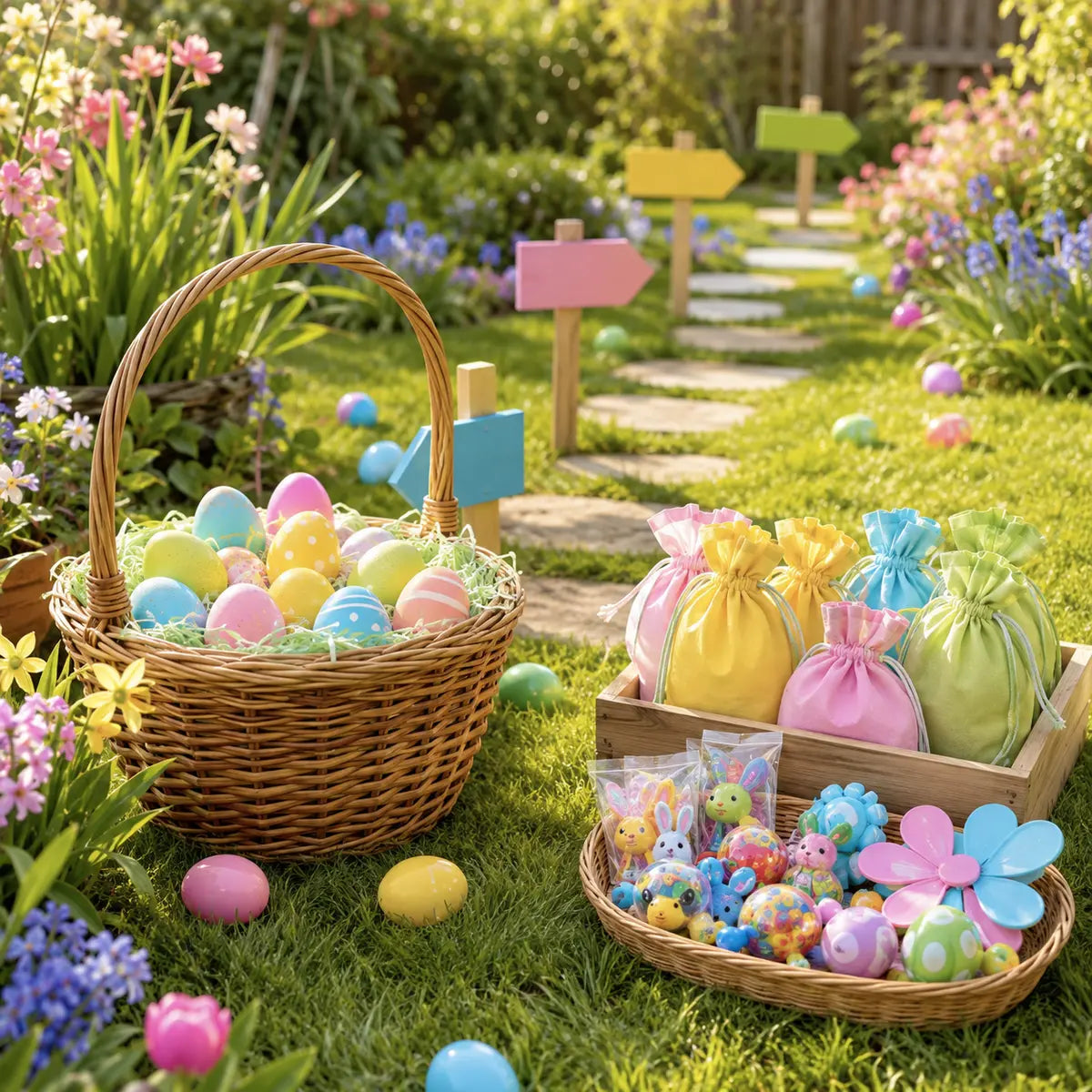 Backyard Easter egg hunt setup with baskets, colorful eggs, markers and favor bags