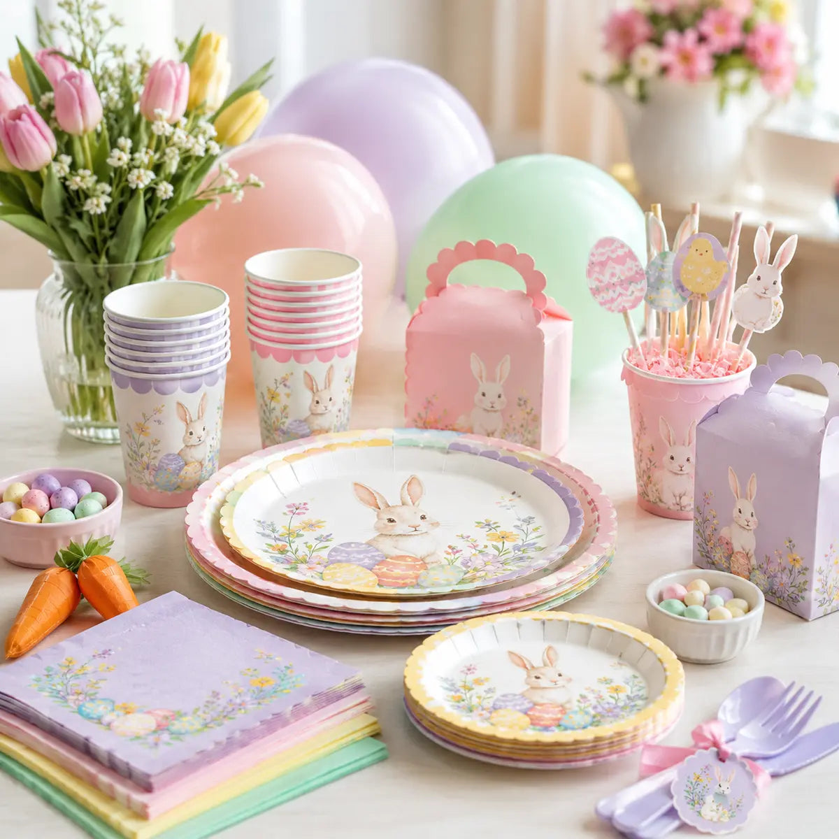 Coordinated pastel Easter tableware, balloons, favor boxes and serving supplies