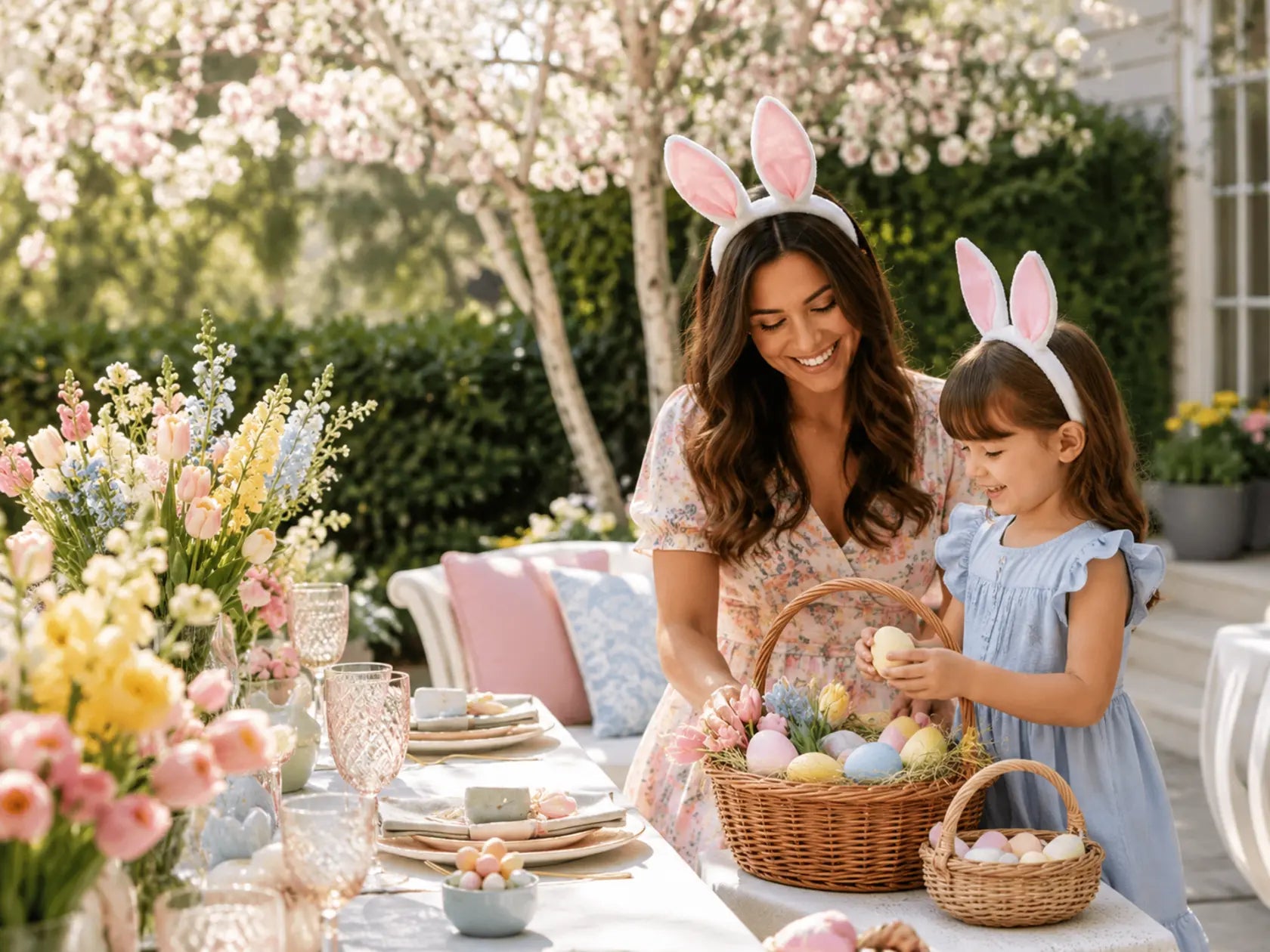 Mother and daughter preparing Easter baskets and a pastel spring table in the garden