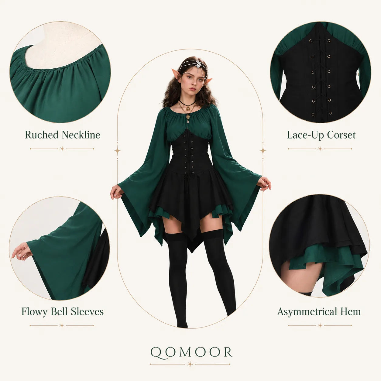 Detail collage highlighting the ruched neckline, lace-up corset, flowing bell sleeves, and asymmetrical hem.