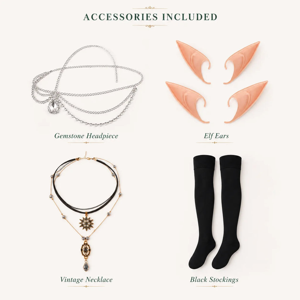 Headpiece, pointed elf ears, layered necklace, and black stockings displayed as styling accessories.
