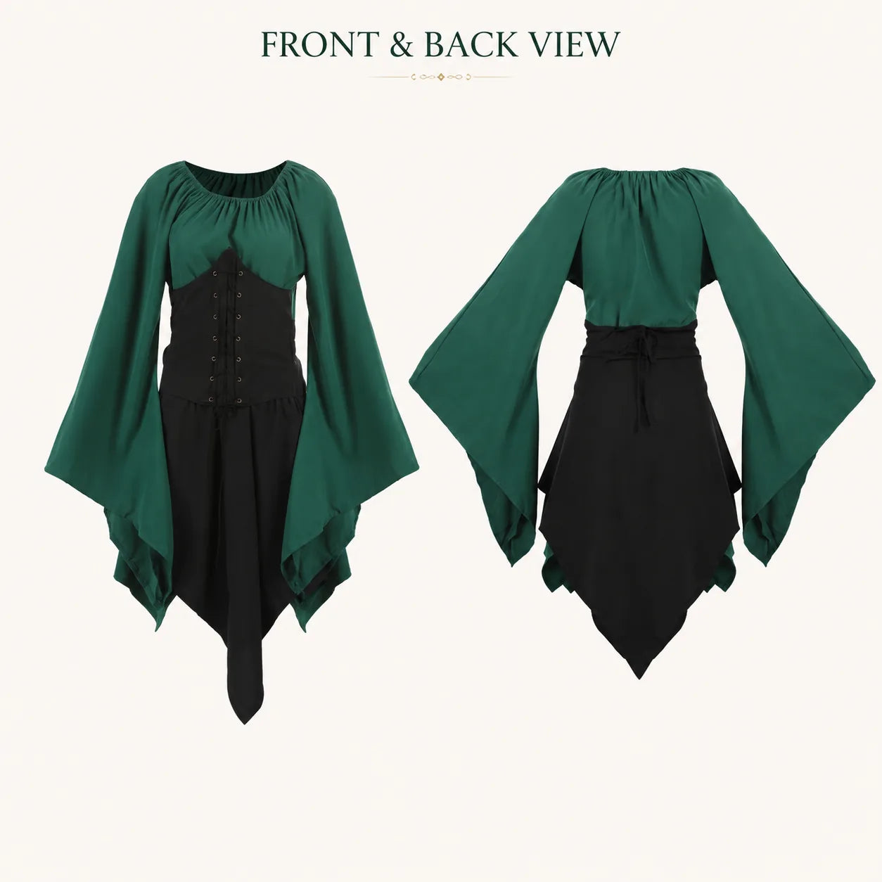 Front and back views of the green and black elf princess costume with flowing sleeves.