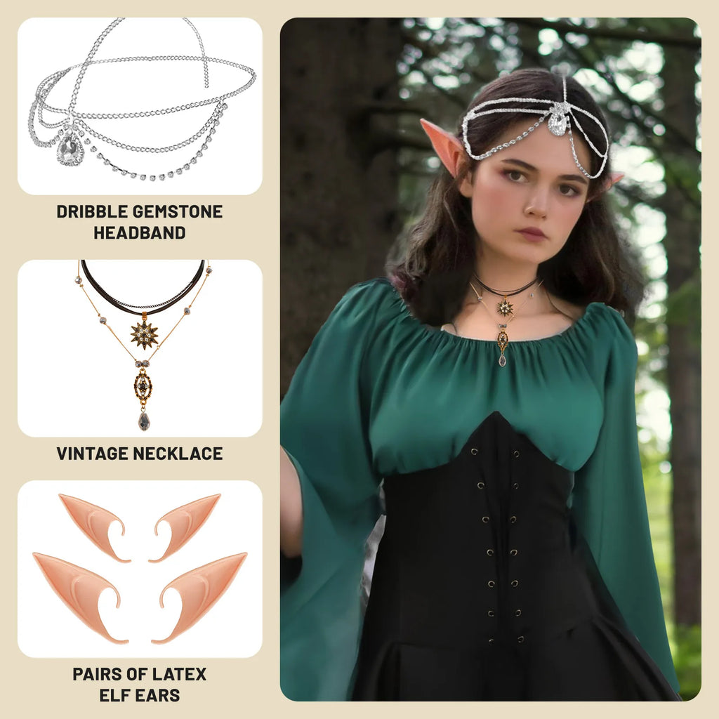 Elf princess costume styled with a silver headpiece, layered necklace, and pointed ears in a forest setting.