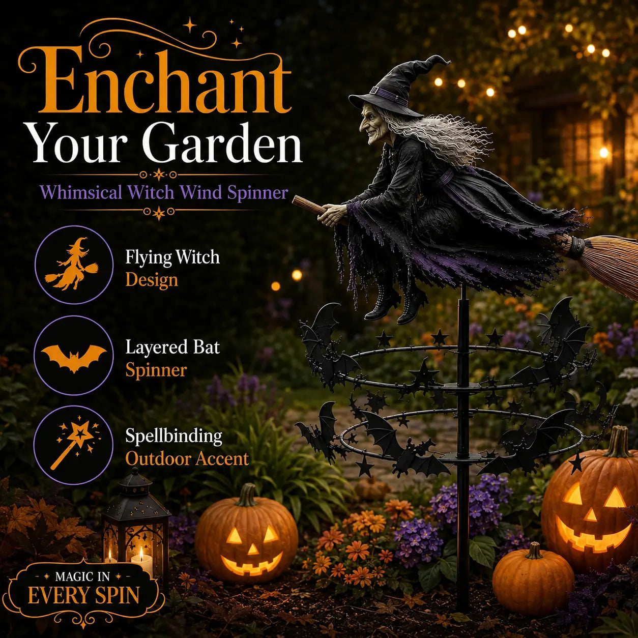 Enchanted Halloween witch wind spinner feature image with flying witch design layered bat spinner and outdoor accent details
