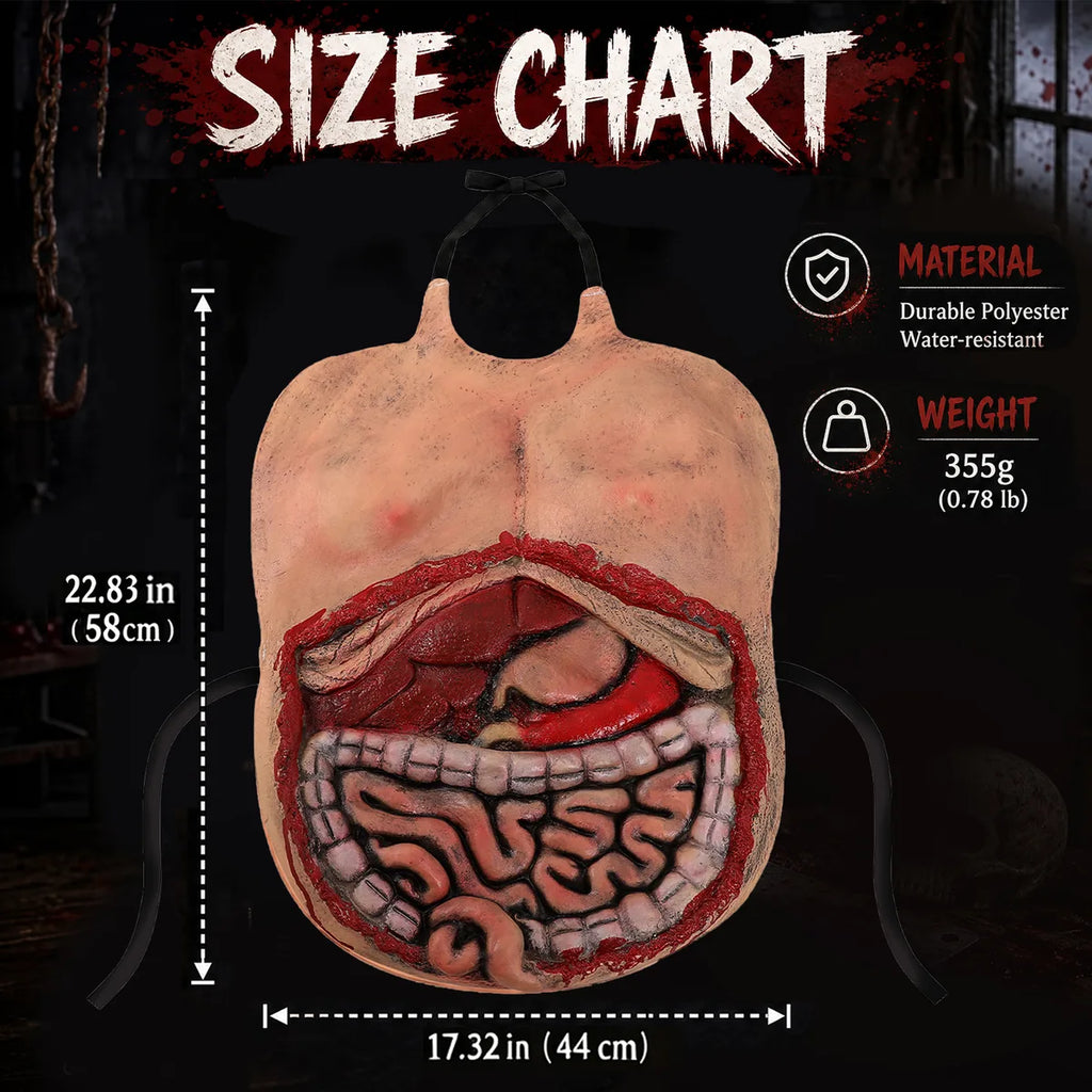 Dimension chart for the exposed organ belly costume prop style c, showing the listed product measurements and scale.