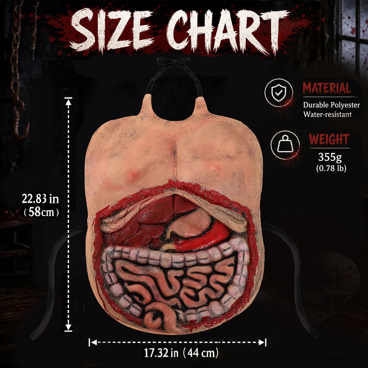 Dimension chart for the exposed organ belly costume prop style c, showing the listed product measurements and scale.