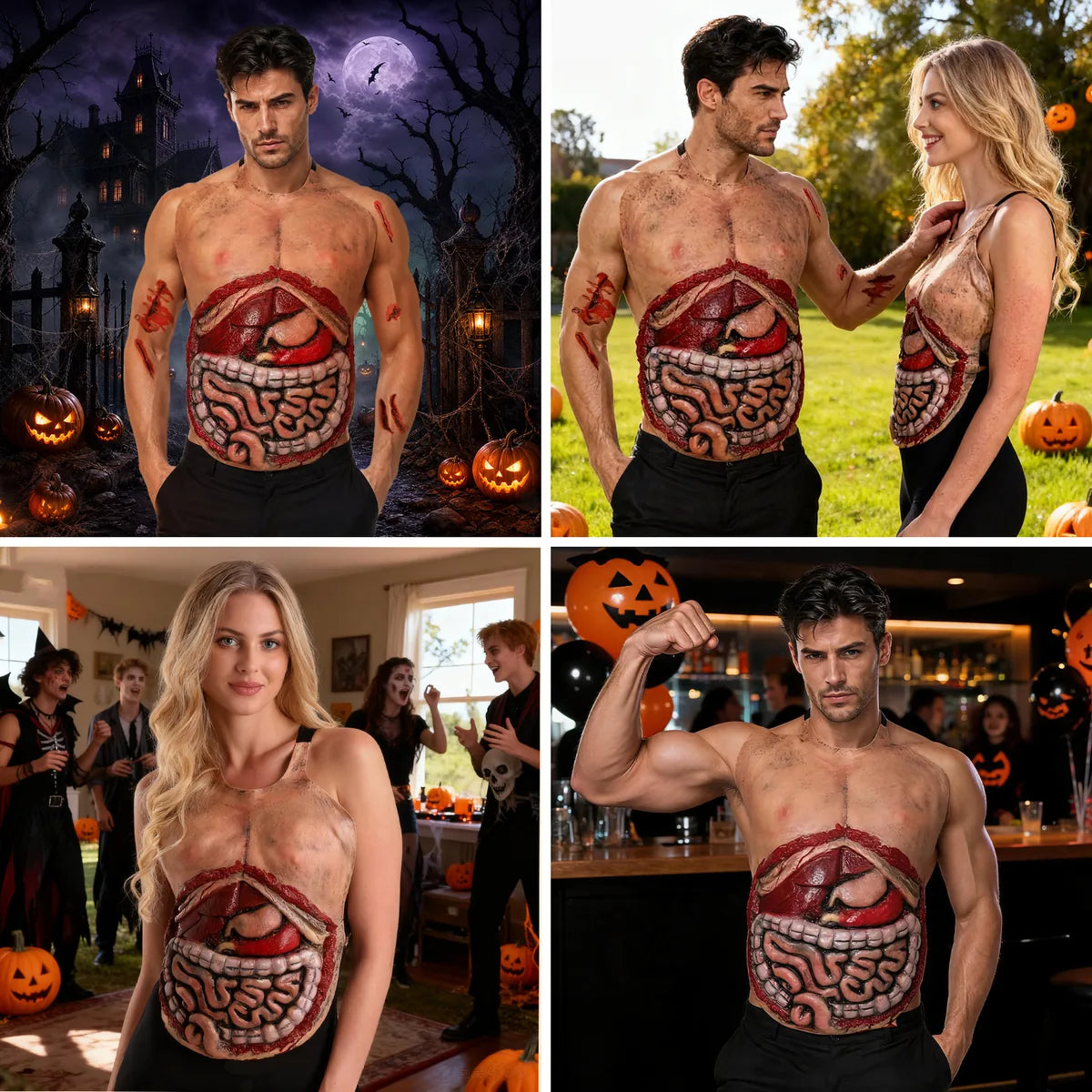 The exposed organ belly costume prop style c shown across several styled Halloween and event display scenes.