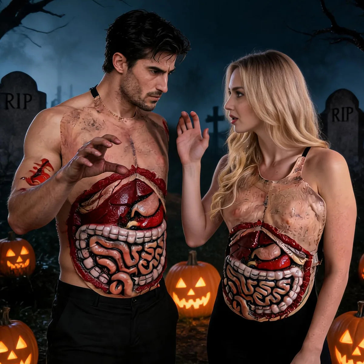 The exposed organ belly costume prop style c displayed in a styled Halloween scene for visual context.