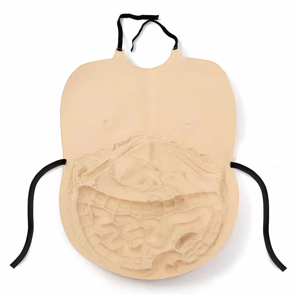 Side view of the exposed organ belly costume prop style c, showing its profile and visible construction details.
