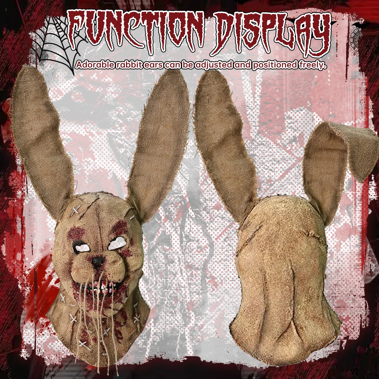 A detail panel presents eye openings and head covering feature details for the burlap horror rabbit mask, highlighting the long ears, distressed burlap, stitched face and exposed teeth.