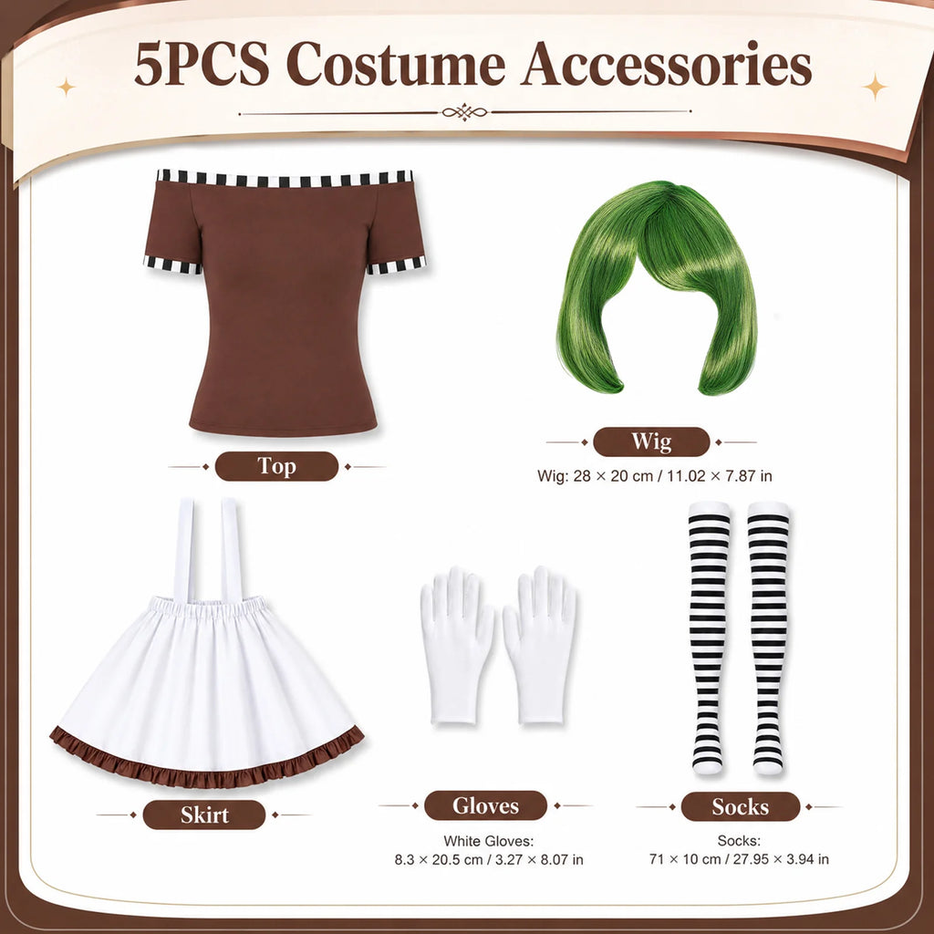 The factory worker costume pieces are arranged with measurements for the green wig, white gloves and striped socks.