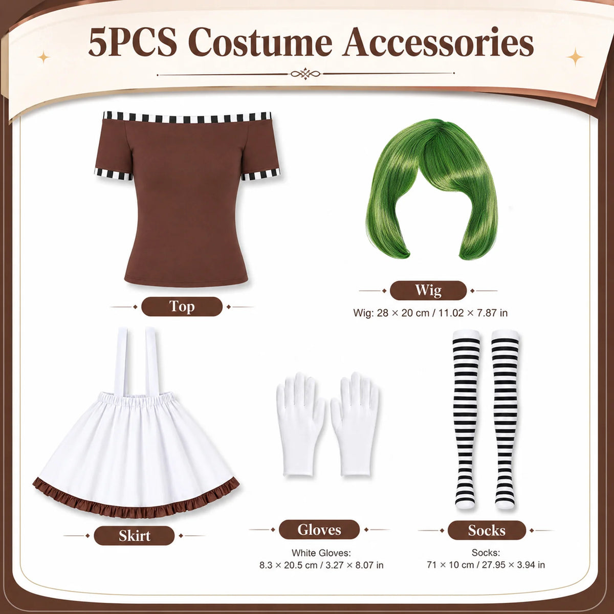 The factory worker costume pieces are arranged with measurements for the green wig, white gloves and striped socks.