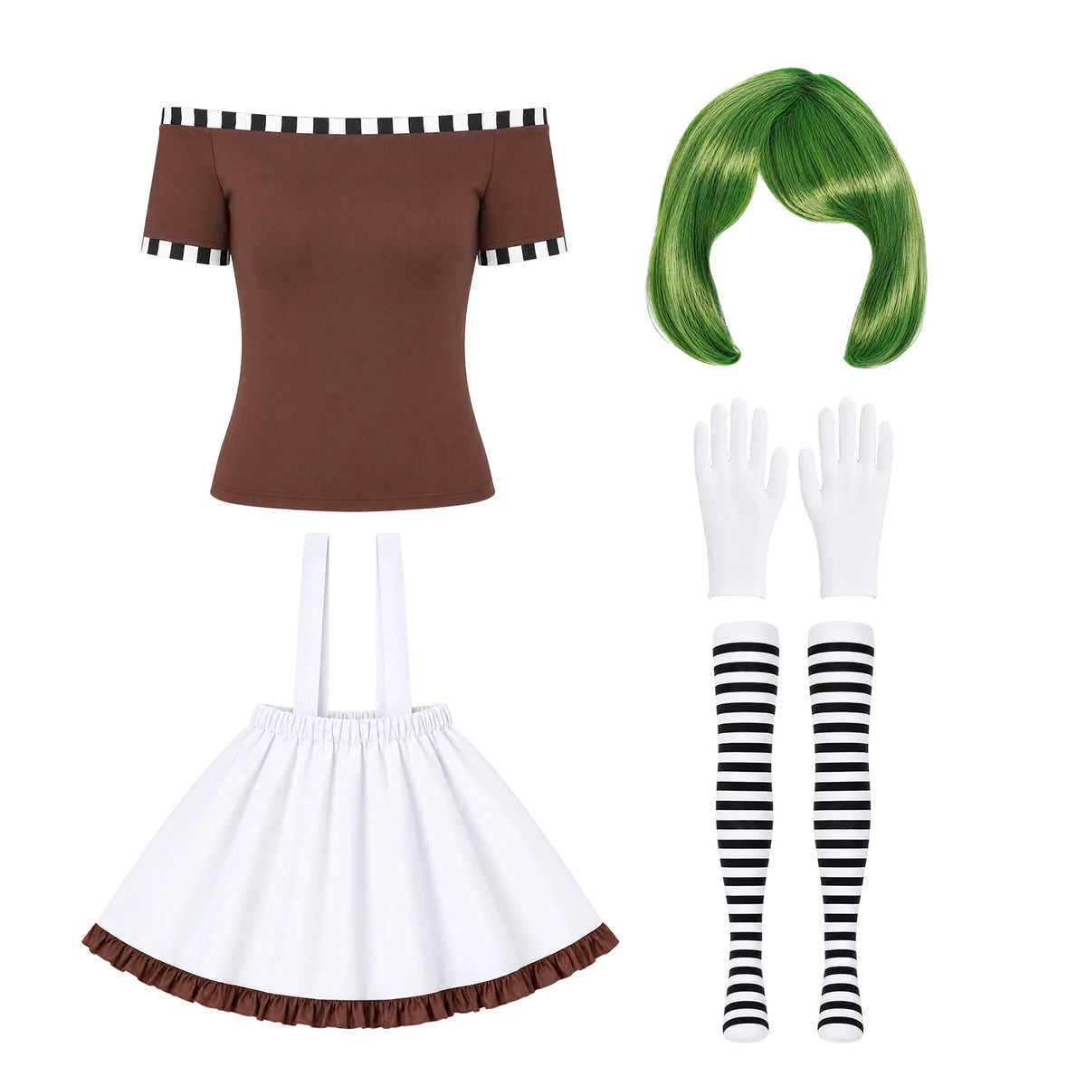 The factory worker costume includes a brown top, white suspender skirt, green bob wig, white gloves and black-and-white striped socks.