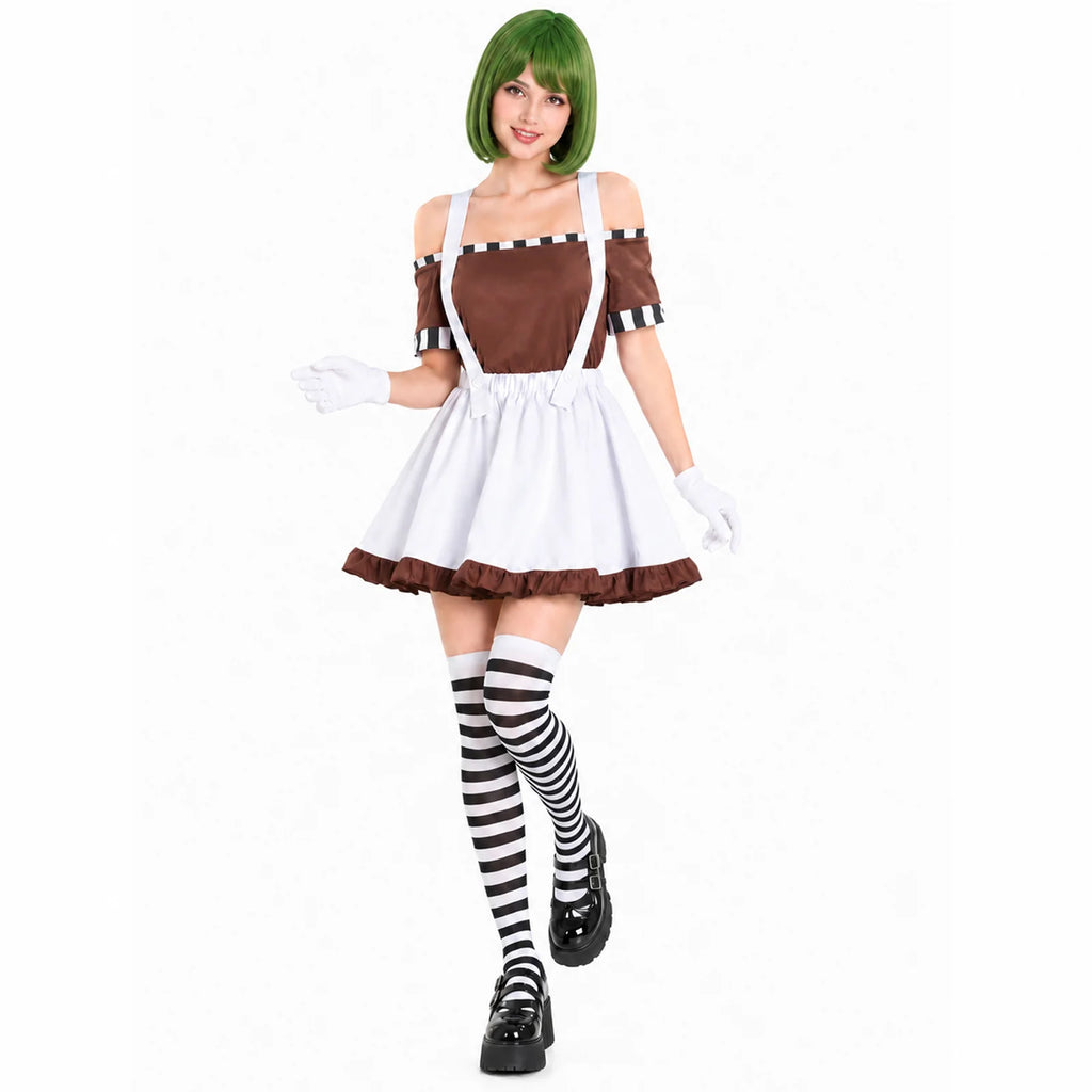 A full-length front view shows the factory worker costume inspired by Oompa Loompas with a white suspender skirt and black-and-white striped socks.