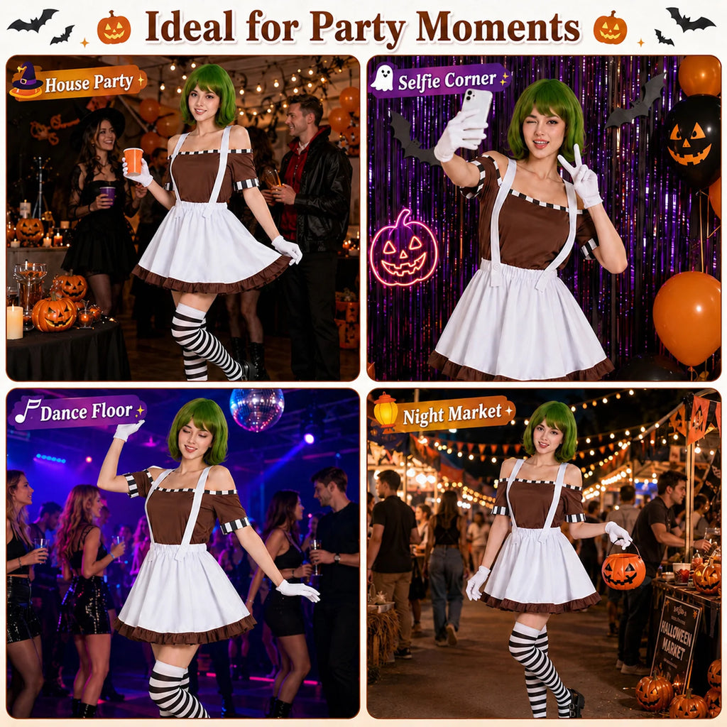 A four-panel collage shows the factory worker costume inspired by Oompa Loompas at a house party, selfie corner, dance floor and night market.