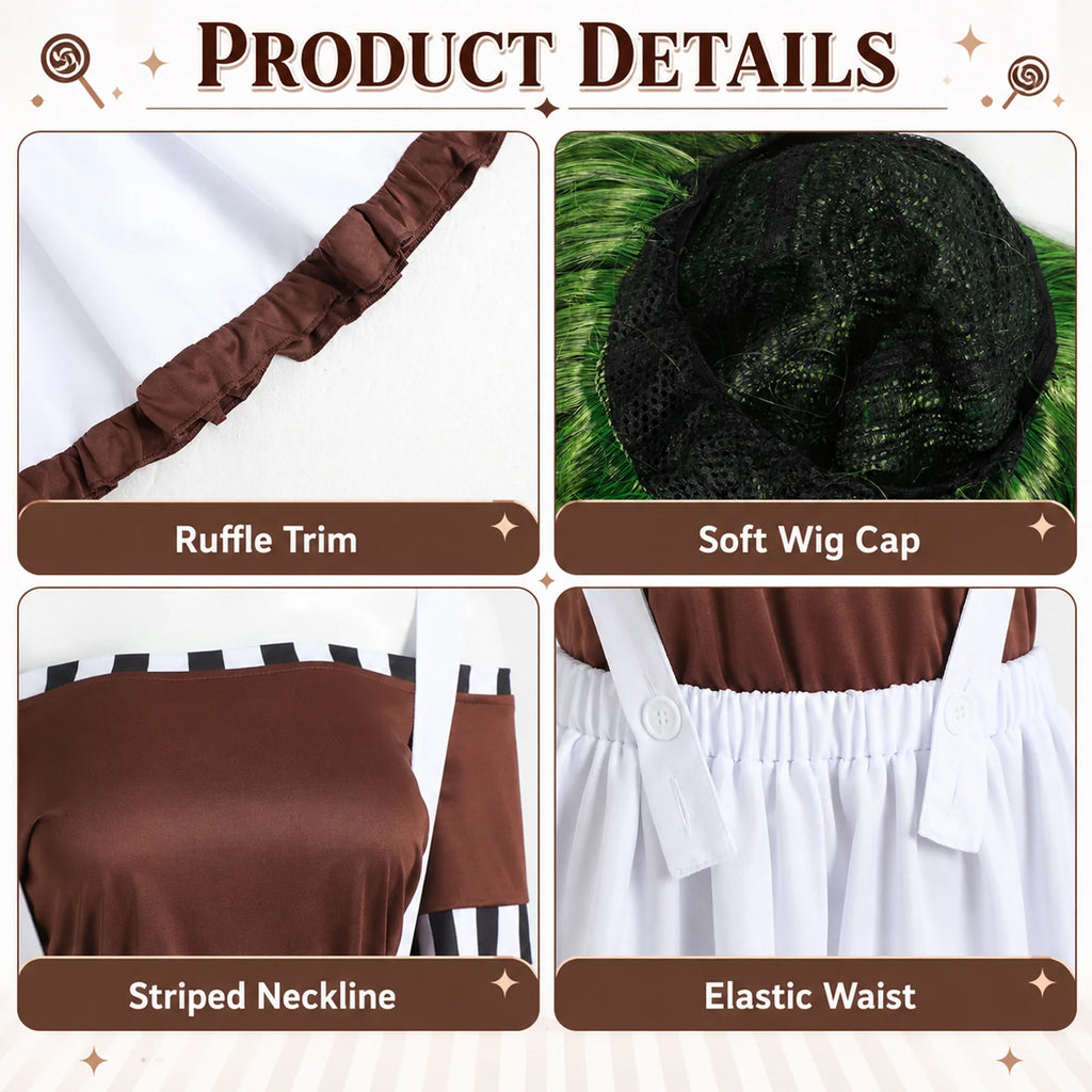 Factory worker costume close-ups show the brown ruffle hem, striped neckline, gathered skirt waist and inside of the green wig.