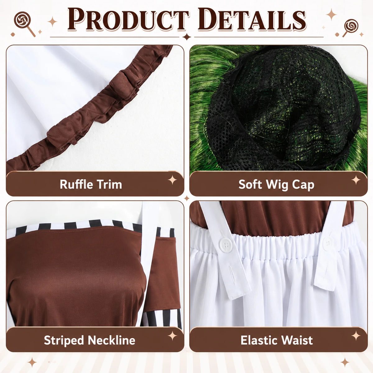 Factory worker costume close-ups show the brown ruffle hem, striped neckline, gathered skirt waist and inside of the green wig.