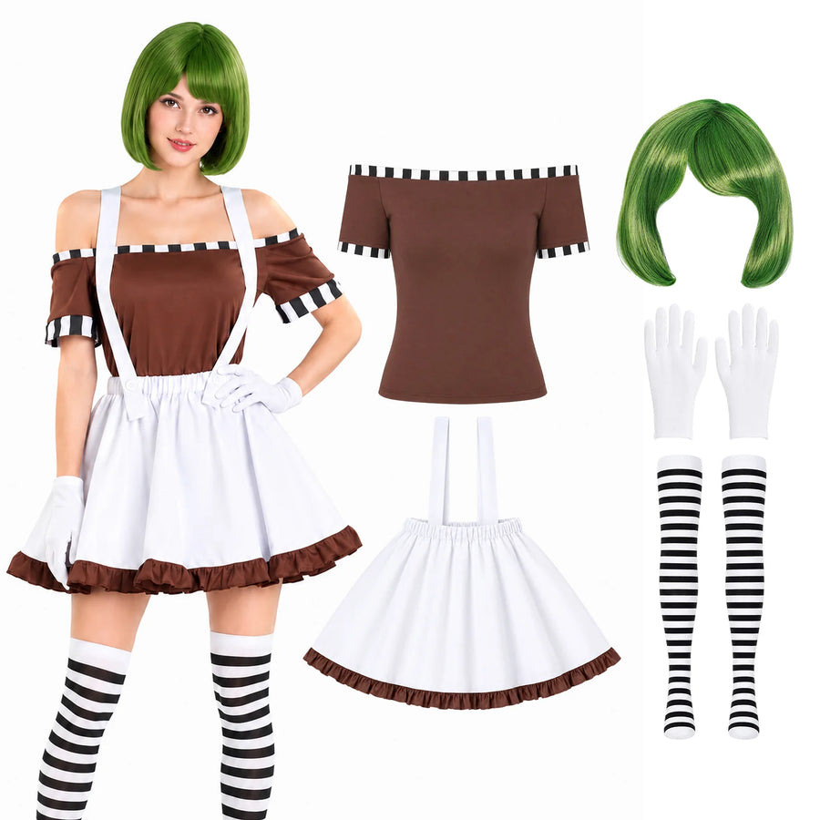 A woman wears the factory worker costume inspired by Oompa Loompas beside the brown top, white suspender skirt, green wig, gloves and striped socks.