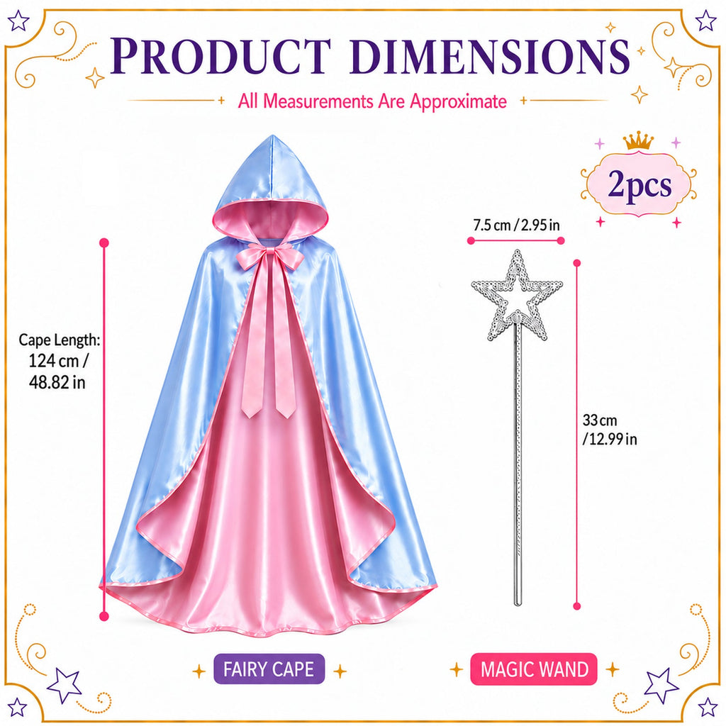 Two-piece fairy godmother costume accessory set with a blue-and-pink cape and silver-tone wand; cape length 124 cm and wand 33 cm.