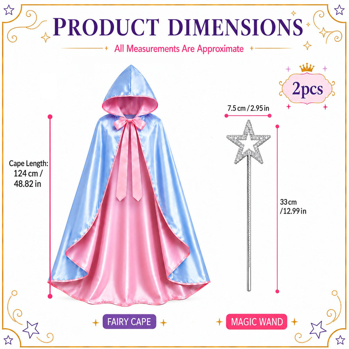 Two-piece fairy godmother costume accessory set with a blue-and-pink cape and silver-tone wand; cape length 124 cm and wand 33 cm.