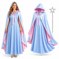Women’s blue fairy godmother costume with full dress, cape and silver-tone wand